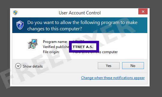 Screenshot where TTNET A.S. appears as the verified publisher in the UAC dialog
